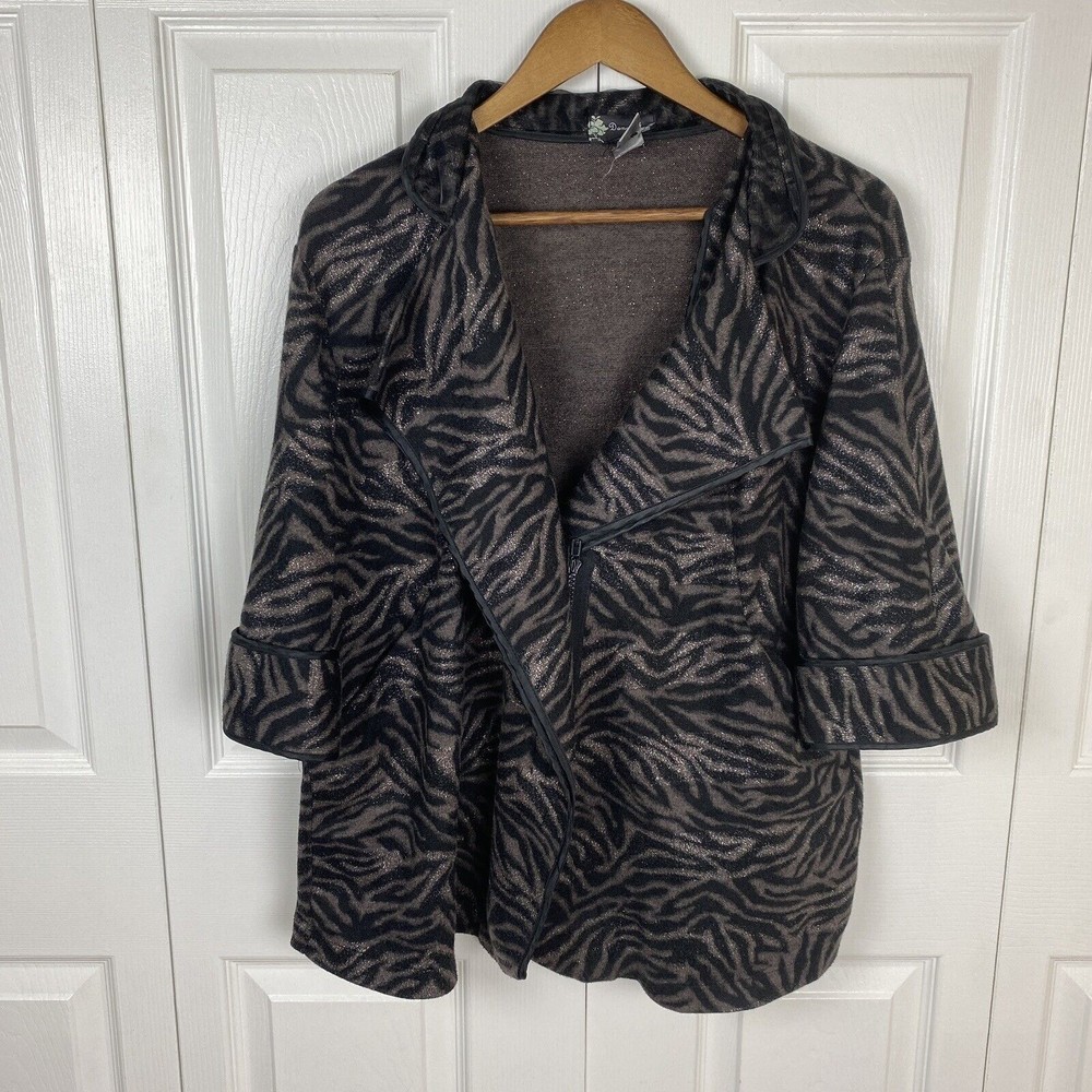 Damee Inc Size XL Artsy Art To Wear Brown Jacket Moto Zip Zebra Print Glitter